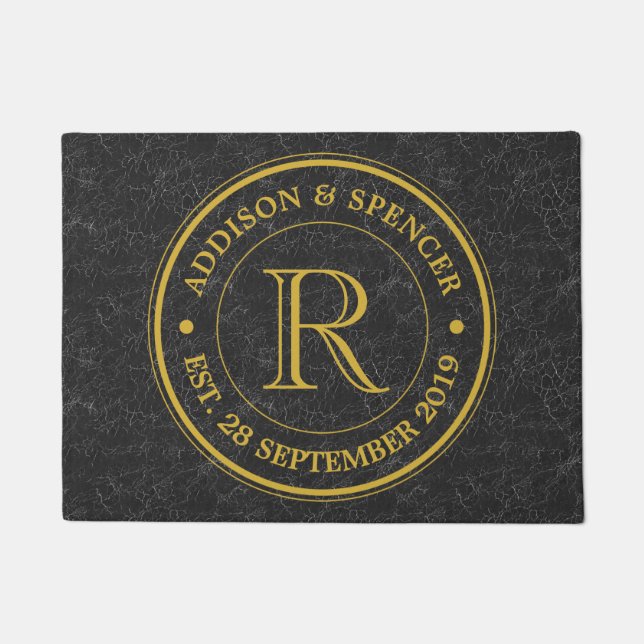 Gold Monogram Black Leather Wedding Anniversary Doormat (Front)