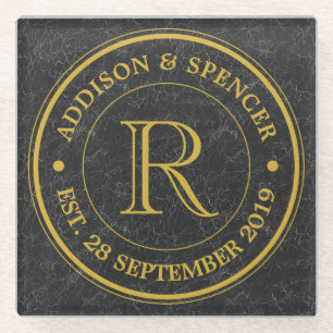 Gold Monogram Black Leather Wedding Anniversary Glass Coaster