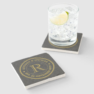 Gold Monogram Black Leather Wedding Anniversary Stone Coaster