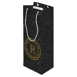 Gold Monogram Black Leather Wedding Anniversary Wine Gift Bag
