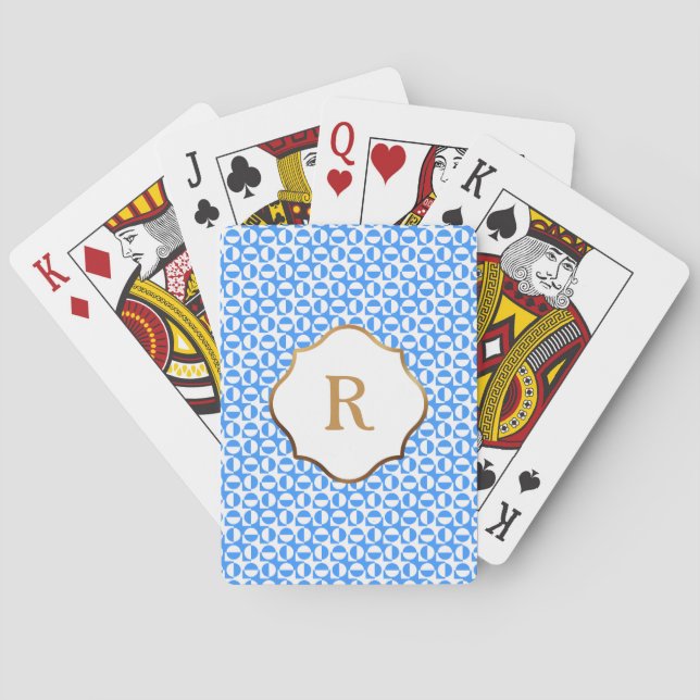 Gold Monogram Blue & White Diagonal Retro Pattern Playing Cards (Back)