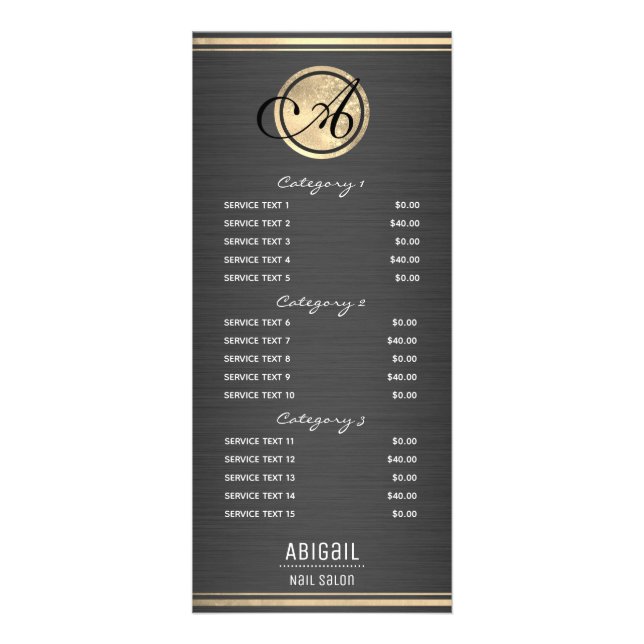 Gold Monogram Brushed Metal Nail Salon 3 Service Rack Card (Front)