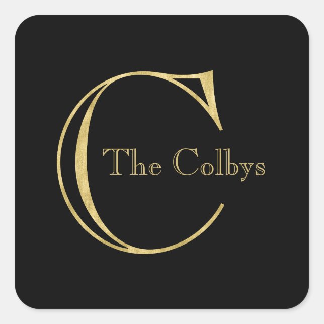 Gold Monogram C and Name on Any Colour Square Sticker (Front)