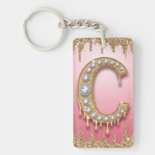 Gold Monogram C Diamond Letter Pink Gift For Mom Keychain