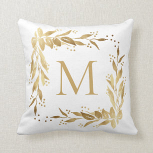 Gold Monogram Christmas Wreath on White Throw Pillow
