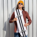 Gold Monogram Classic Black White Racing Stripes Skateboard<br><div class="desc">Create your own custom, personalized, classic black and white racing stripes, cool, stylish, classy elegant faux gold typography script, best quality hard-rock maple competition shaped skateboard deck. To customize, simply type in your name / monogram / initials. While you add / design, you'll be able to see a preview of...</div>