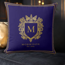 Gold Monogram Crest Throw Pillow