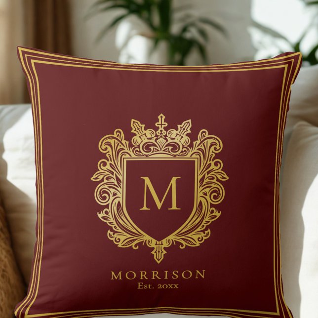 Gold Monogram Crest Throw Pillow (Creator Uploaded)