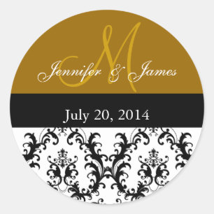 Gold Monogram Damask Wedding Stickers