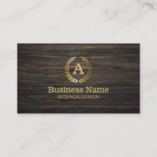 Gold Monogram Dark Wood Interior Design Business Card