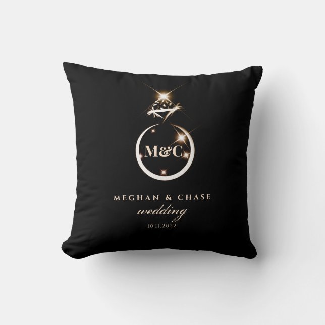 Gold Monogram Diamond Ring Wedding Save The Date Throw Pillow (Front)