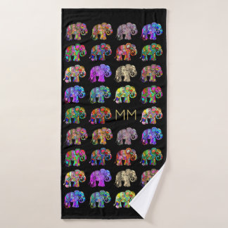 Gold Monogram Elegant Black Elephant Lover's Bath Towel