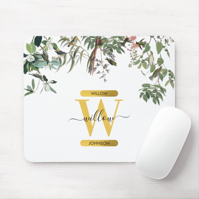 Gold Monogram Elegant Eucalyptus Greenery & Birds  Mouse Pad (With Mouse)