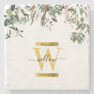 Gold Monogram Elegant Eucalyptus Greenery & Birds Stone Coaster