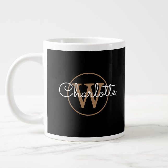 Gold Monogram Elegant Girly Script Black  Large Coffee Mug (Left)