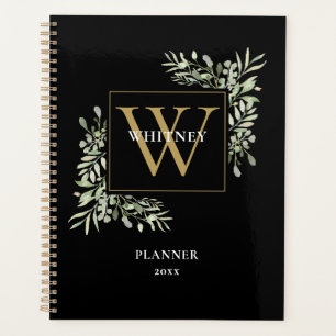 Gold Monogram Elegant Greenery Black 2023 Planner