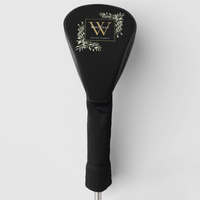 Gold Monogram Elegant Greenery Foliage Black Golf Head Cover (Front)