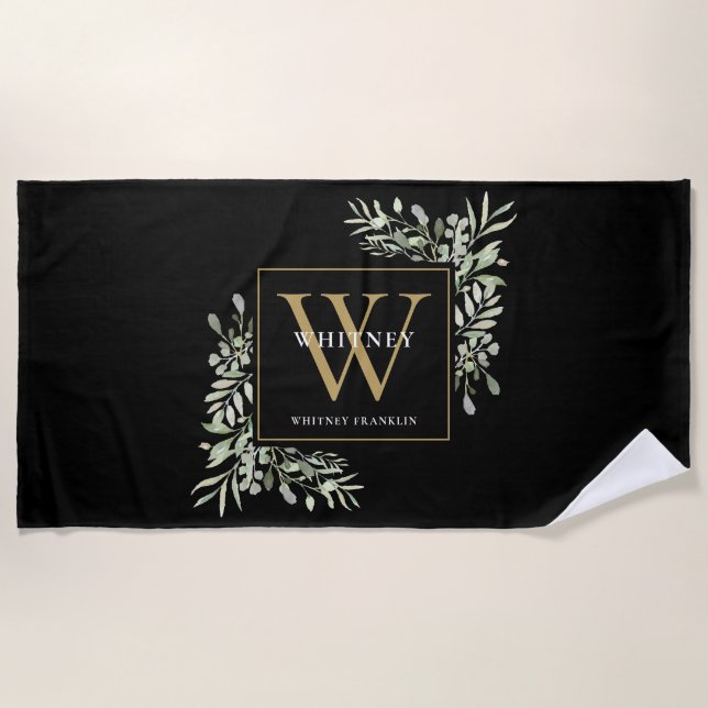Gold Monogram Elegant Modern Greenery Black Beach Towel (Front)