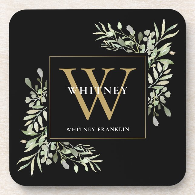 Gold Monogram Elegant Modern Greenery Black Coaster (Front)