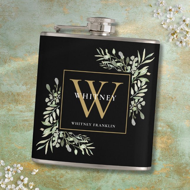 Gold Monogram Elegant Modern Greenery Black Hip Flask (Gold Monogram Elegant Modern Greenery Black Flask)