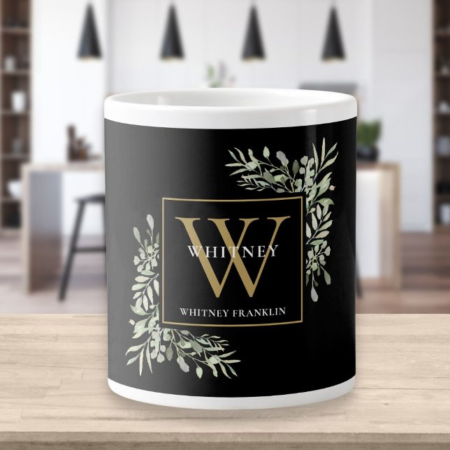 Gold Monogram Elegant Modern Greenery Black Large Coffee Mug (Creator Uploaded)