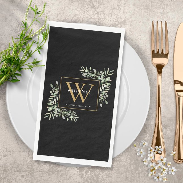 Gold Monogram Elegant Modern Greenery Black Napkin (Creator Uploaded)