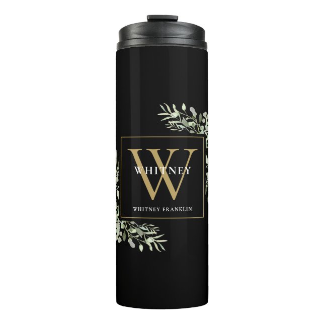 Gold Monogram Elegant Modern Greenery Black Thermal Tumbler (Front)