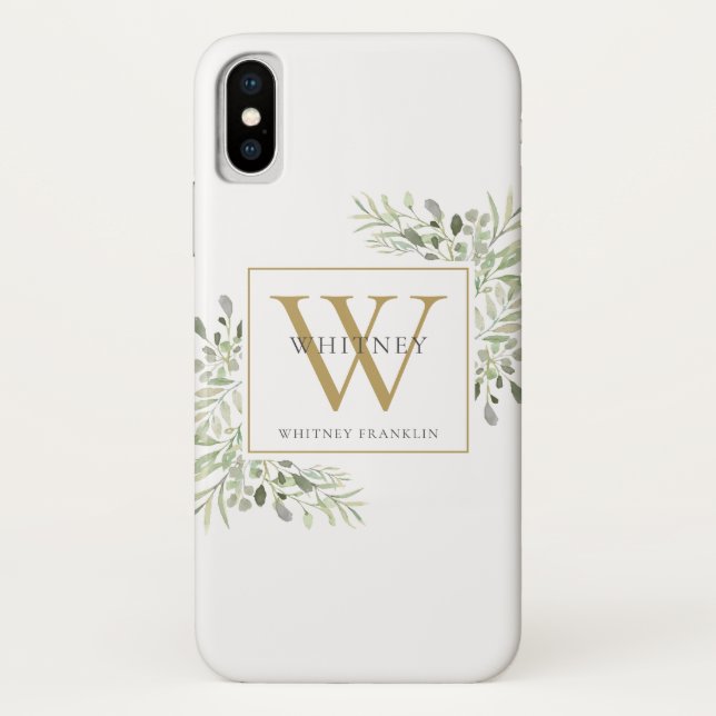 Gold Monogram Elegant Modern Greenery Case-Mate iPhone Case (Back)