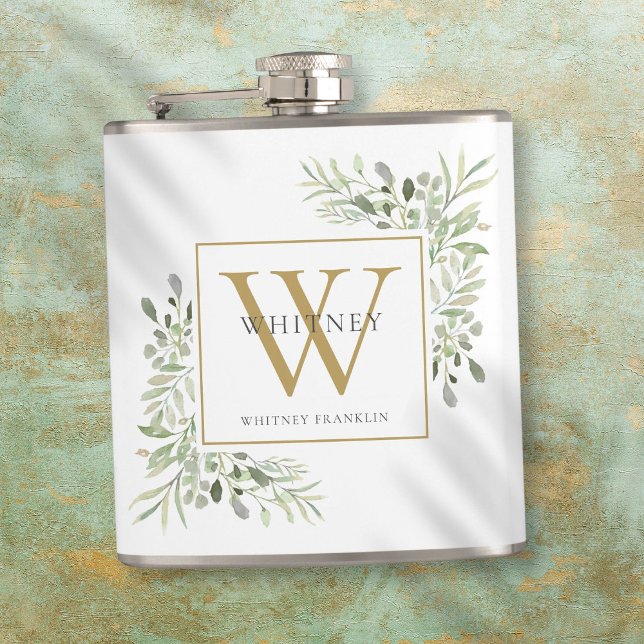 Gold Monogram Elegant Modern Greenery Hip Flask (Gold Monogram Elegant Modern Greenery Flask)