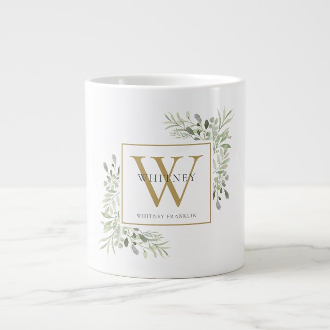 Gold Monogram Elegant Modern Greenery Large Coffee Mug (Front)