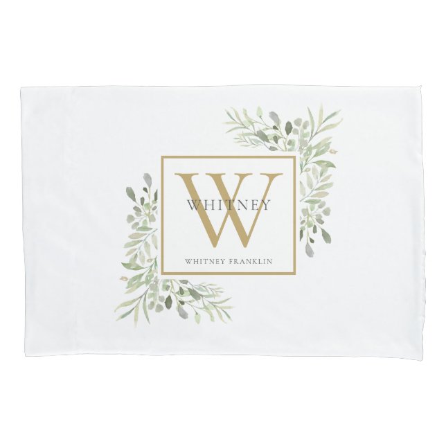 Gold Monogram Elegant Modern Greenery Pillow Case (Front)