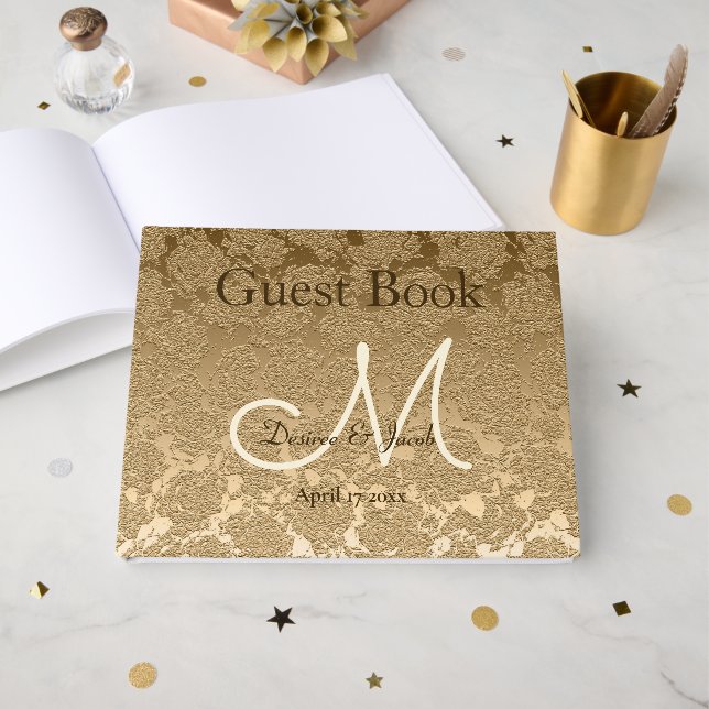 Gold Monogram Elegant Modern Wedding Guest Book (Front Open)