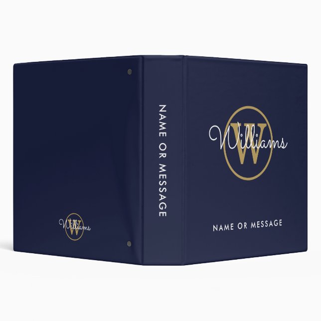 Gold Monogram Elegant Navy Blue School Office Binder (Background)