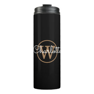 Gold Monogram Elegant Script Black  Thermal Tumbler