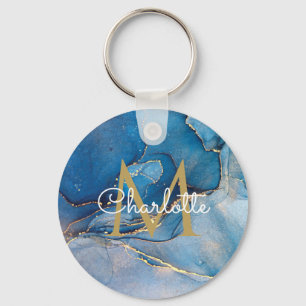 Gold Monogram Elegant Script Blue Agate Geode Keychain
