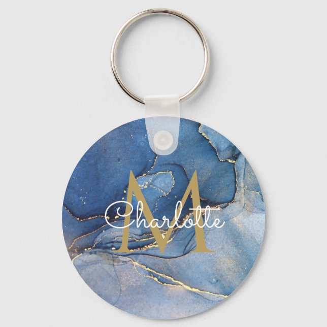 Gold Monogram Elegant Script Blue Agate Geode Keychain (Front)
