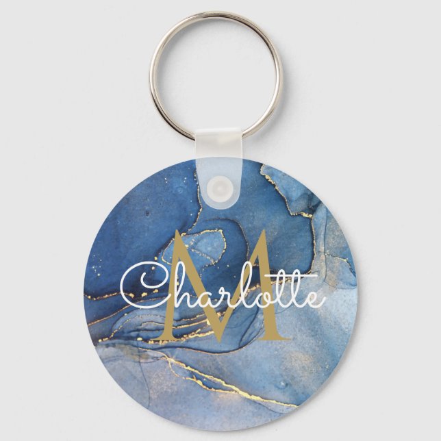 Gold Monogram Elegant Script Blue Agate Geode Keychain (Front)