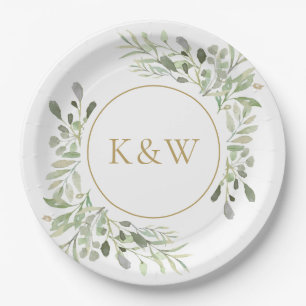 Gold Monogram Eucalyptus Greenery Paper Plate