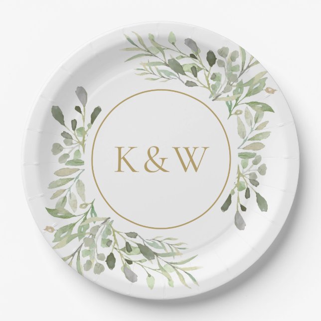 Gold Monogram Eucalyptus Greenery Paper Plate (Front)