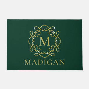 Gold Monogram Family Name Dark Green Welcome Doormat