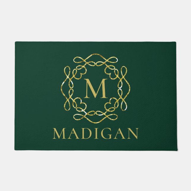 Gold Monogram Family Name Dark Green Welcome Doormat (Front)