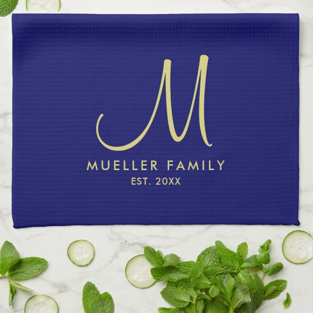 Gold Monogram Family Name Navy Blue Solid Colour Kitchen Towel (Folded)