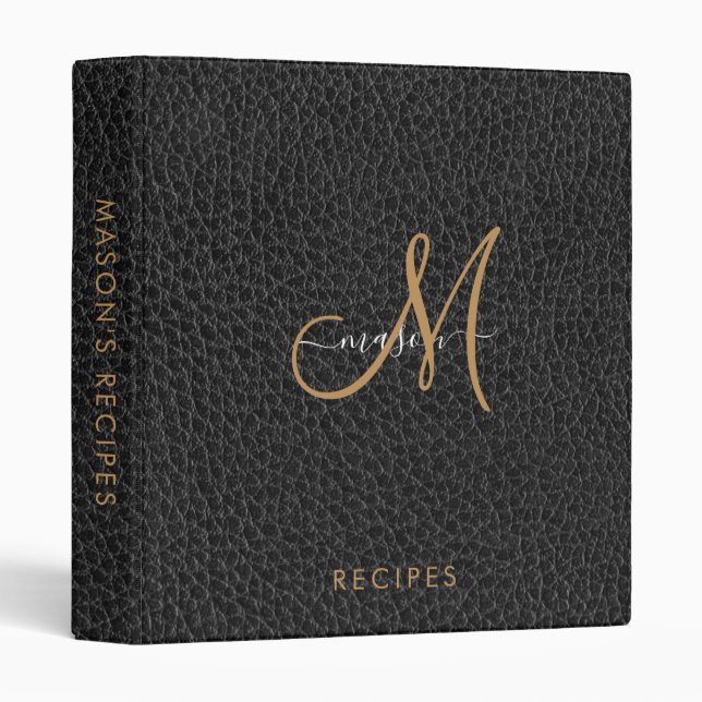 Gold Monogram Faux Black Leather Recipes Binder (Front/Spine)