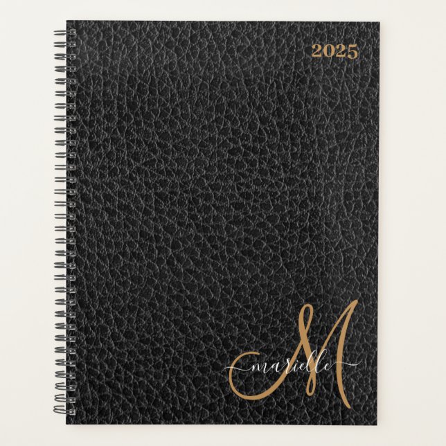 Gold Monogram Faux Black Leather Weekly Monthly  Planner (Front)