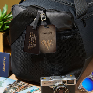 Gold Monogram Faux Leather Dark brown  Luggage Tag