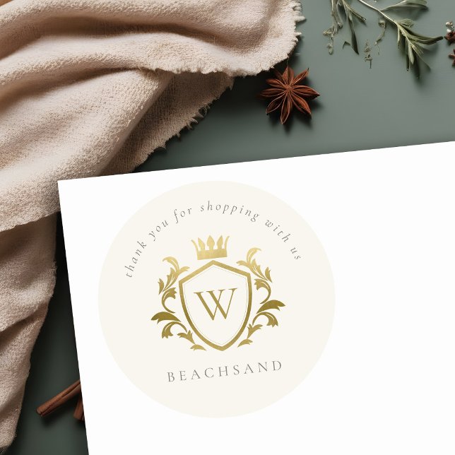 Gold Monogram Floral Crown Crest Order Thank you Classic Round Sticker (Creator Uploaded)