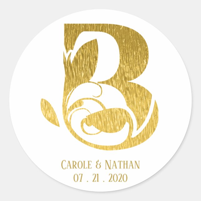 Gold Monogram Floral Initial Letter B Wedding Classic Round Sticker (Front)
