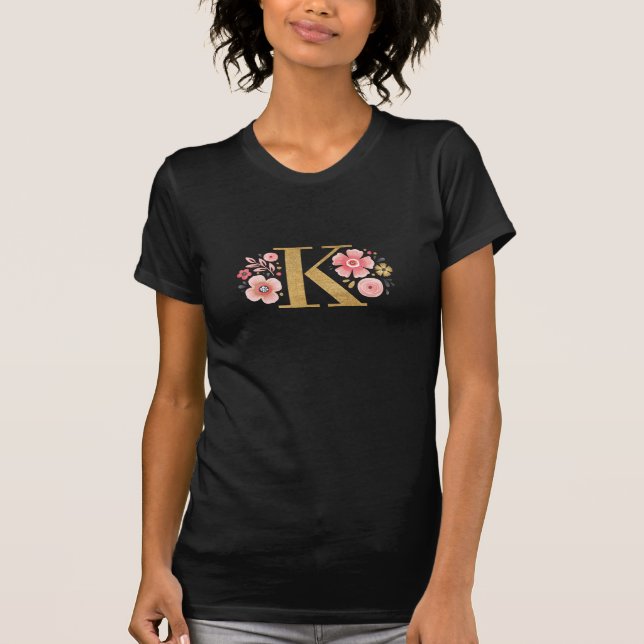 Gold Monogram Floral Letter K Initial T-Shirt (Front)