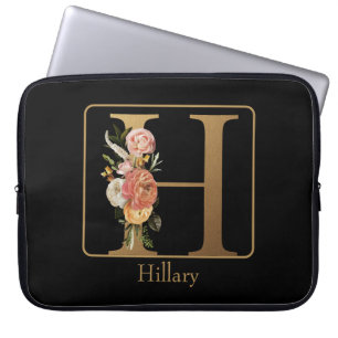 Gold Monogram Floral on Black with Name Laptop Sleeve