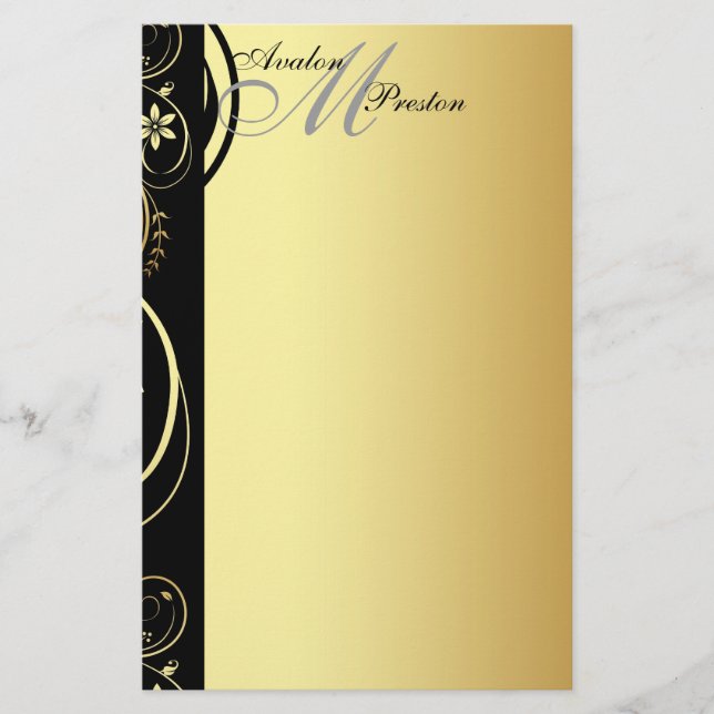 Gold Monogram Floral Scroll Wedding Stationary Stationery (Front)